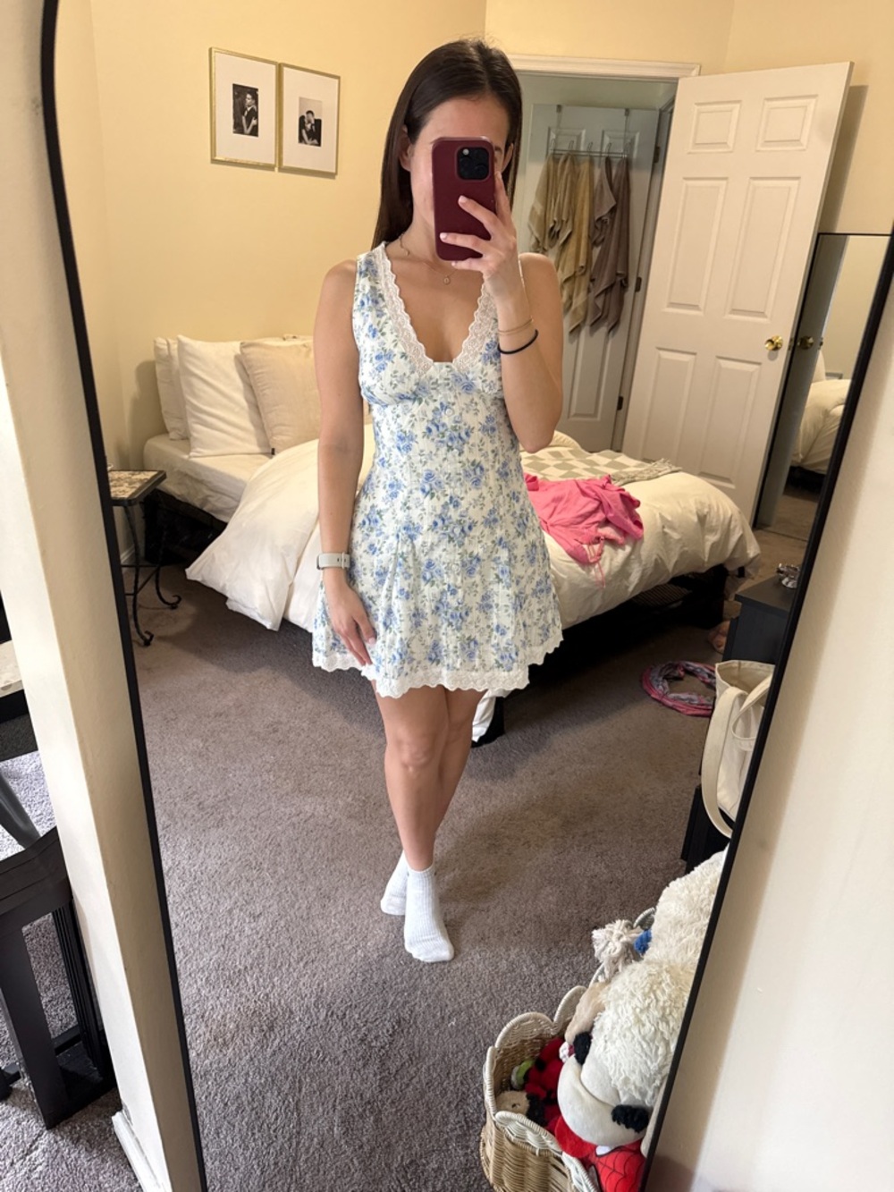 Floral Lace-Trim Mini Dress in Light Blue